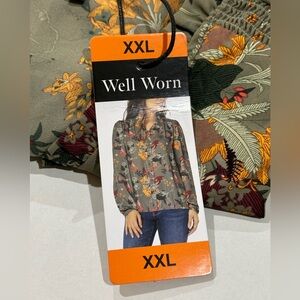 Well Worn ladies' V-Neck Long Sleeves Comfort Button Front Blouse, Green XXL